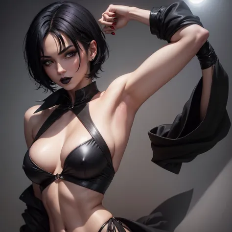 Sexy magician with short black hair. black lipstick showing tits