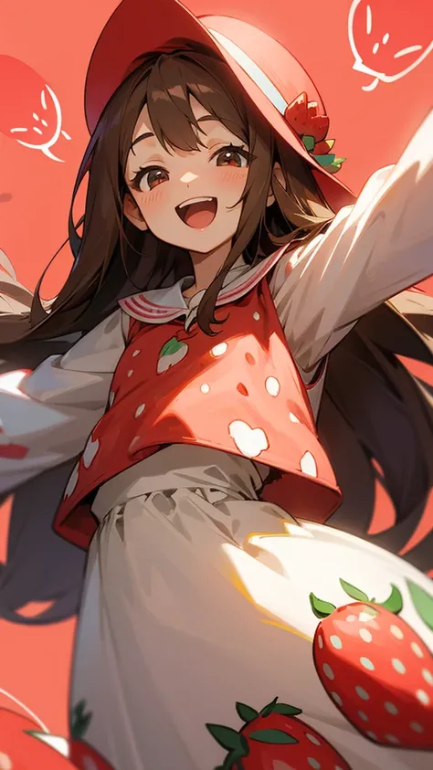 Long brown hair and head、Easy to understand strawberry hat、Anime Girls、smile、Open your mouth、Lots of strawberry-print clothes、Background is white