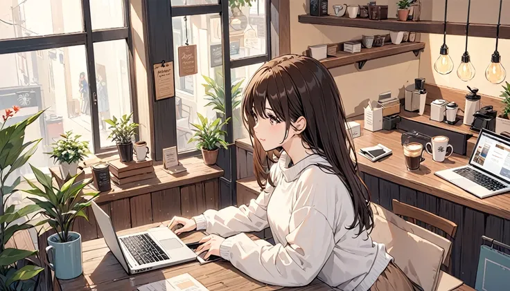 A cozy coffee shop,woman,Spread out your laptop and work,Drink coffee,Brown Hair,Black Hair,It&#39;s raining outside,Big window coffee shop,Its dim outside