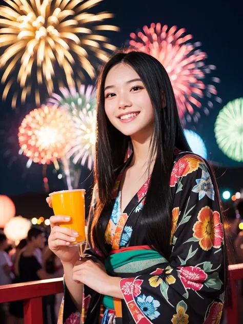 20-year-old women, Long black hair, casual summer outfit, yukata, Hand-held fireworks, night, Background of the summer festival, smile, looks fun, Colorful, Realistic
