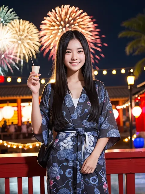 20-year-old women, Long black hair, casual summer outfit, yukata, Hand-held fireworks, night, Background of the summer festival, smile, looks fun, Colorful, Realistic
