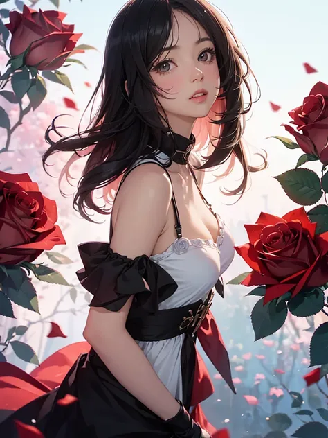 Staring straight ahead，Facing forward,front facing portrait((Highly detailed CG unit 8k wallpaper, masterpiece, High resolution, highest quality, highest qualityのリアルテクスチャスキン)), ((very beautiful woman,  :1.5, plump lips,  (messy black hair, white skin, smal...