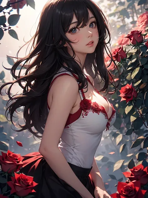 Staring straight ahead，Facing forward,front facing portrait((Highly detailed CG unit 8k wallpaper, masterpiece, High resolution, highest quality, highest qualityのリアルテクスチャスキン)), ((very beautiful woman,  :1.5, plump lips,  (messy black hair, white skin, smal...