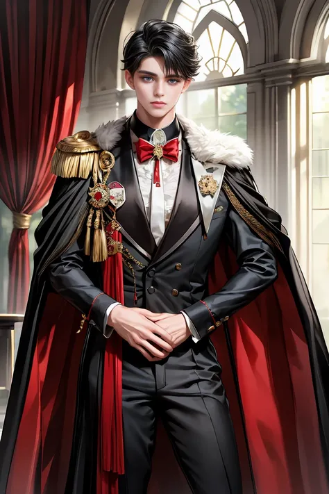 
masterpiece, 最high quality, high quality, 1 boy, alone, Male focus, Watching the audience,  Messy black hair, Adorable big blue eyes, White, Noble, Noble,A sexy, voluminous, puffy cape、tuxedo、A very voluminous, large, very large, very large, long, long re...