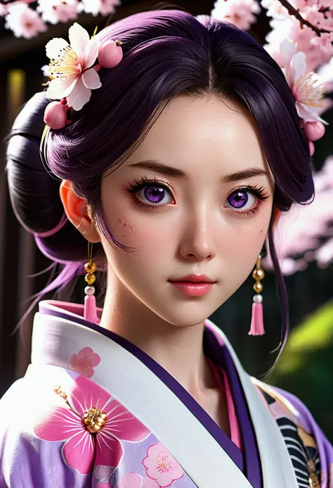 ((masterpiece)), ((ultra-hd)), ((best quality)), 1girl, purple hollow eyes, big eyes, long eyelashes, pink lips, smooth pale skin, kimono with a sakura design, (Shinobu Kochou From Demon Slayer), (shinobu kochou), ((from anime to real life)), ((realistic))...