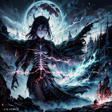 Black Hair动漫人物, Detailed cover design, Anime epic artwork, detailed key anime art, Be focused, dark fantasy artwork, Anime Fantasy Artwork, Official artwork with high detail, Dark Witch Panorama, Lich Vecna (d&d), (whole body:1.5), (Wide-angle lens:1.2), b...