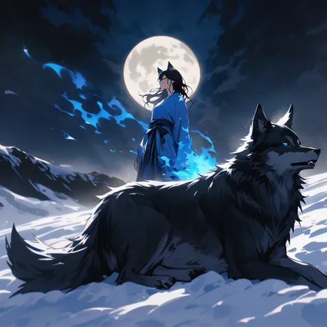 Wolf, covered in blue fire, howling at the moon, full moon in the background, black hair, solo, 
The whole body, the body of a wolf, the fire is burning, the snowy mountain