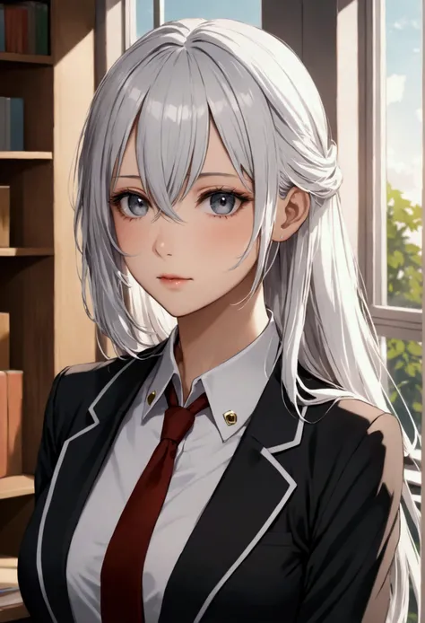 Long white hair , grey eyes, fair skin,teacher attire ,detailed hair, detailed eyes,detailed body, best quality, high resolution, 8k