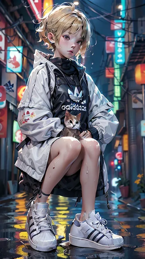 (masterpiece:1.3), (best quality:1.3), (hires, high resolution:1.3), 8k, ultra_detailed, extremely_clear, photograph, beautiful, sharp focus, hdr, BREAK
1boy, night city, rain coat, (holding a cat:1.2), backpack, blonde hair, 80s style, (white sneakers, ad...