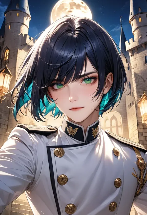 1 male　Dark blue bob cut　Bangs parted above the right eye　Dark blue eyebrows　Deep green eyes　White military uniform　Dance　full moon　Inside the castle