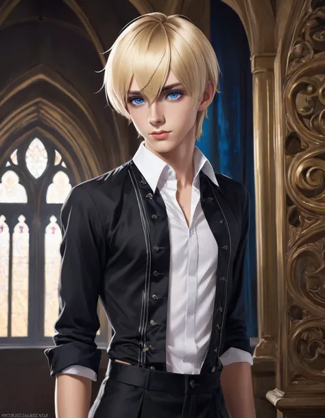 (best quality), 1boy, male, tanned skin, blonde hair, short hair, side bangs, beautiful hairstyle, blue eyes, perfect eyes, femboy, slender, handsome, attractive, fully clothed, skinny body, crossdresser, (gothic clothes), masterpiece, anatomically correct...