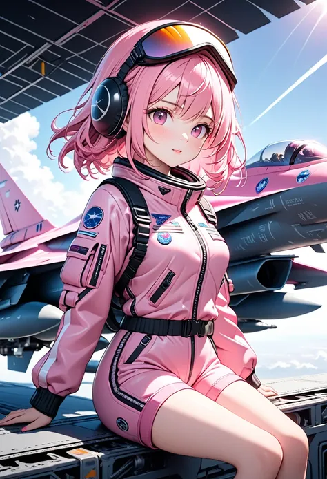 a beautiful girl with cute straight pink hair wearing a ruffled pink shorts style pilot suit, holding a pink helmet under her arm, sitting on the wing of a pink futuristic fighter jet shaped like an F-16, gazing at the sky, the fighter jet painted with a s...