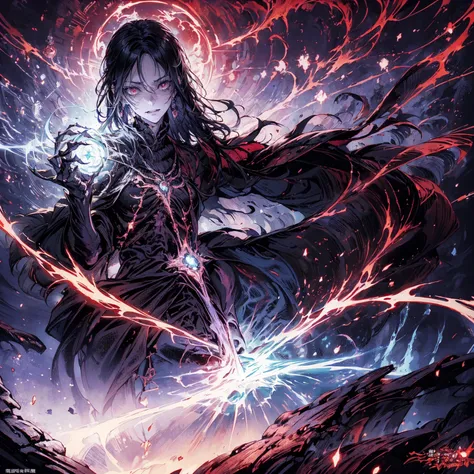 Black Hair动漫人物, Detailed cover design, Anime epic artwork, detailed key anime art, Be focused, dark fantasy artwork, Anime Fantasy Artwork, Official artwork with high detail, Dark Witch Panorama, Lich Vecna (d&d), (whole body:1.5), (Wide-angle lens:1.2), b...