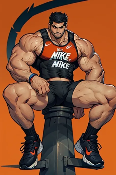 A male athlete，Wearing a red and blue Nike sleeveless top and black Nike shorts,He is muscular,Shot from below，Orange background,Wear Nike socks,sit