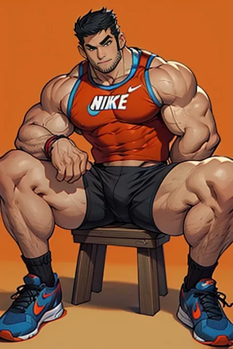 A male athlete，Wearing a red and blue Nike sleeveless top and black Nike shorts,He is muscular,Shot from below，Orange background,Wear Nike socks,sit