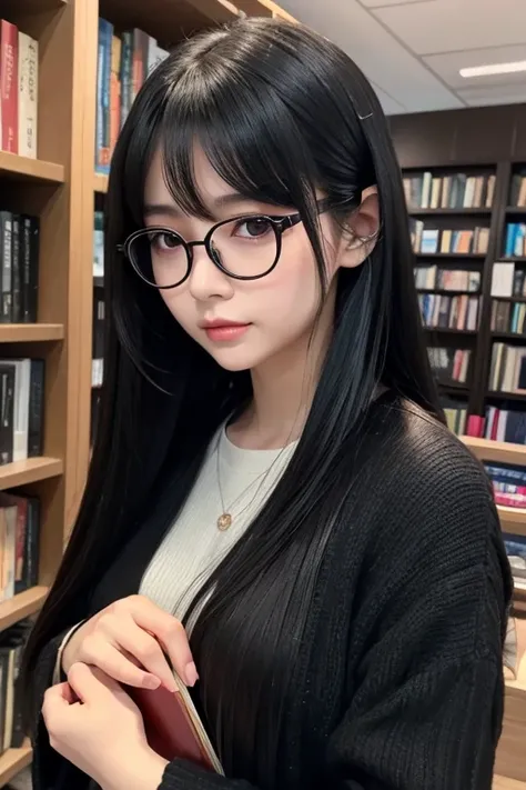 woman、30th Generation、Long Black Hair、Book lover、Glasses、Demure、Drop your gaze、Anime Style