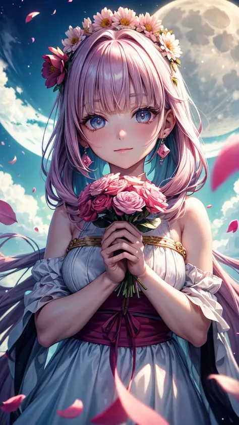 ((The big moon is in the background, petals,She holds the flower in both hands.)),（Facing straight ahead.）,pink hair, hair over shoulder, parted bangs, jewelry, flower on head, mismatched pupils, aqua eyes, heart earrings, light smile, closed mouth, cinema...