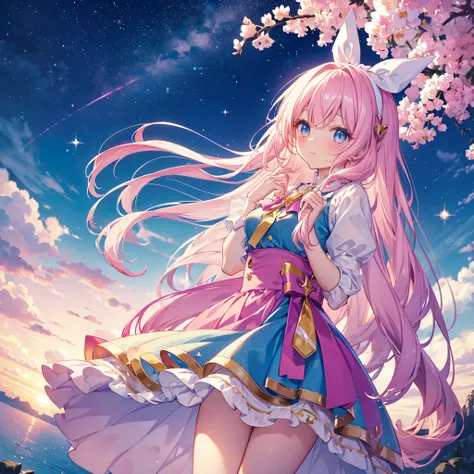 Long Hair, View landscape, ribbon, cute、Glittering gaze, Magical girl、cute、Sparkle Effect, Character profile, Pink Yellow Blue
