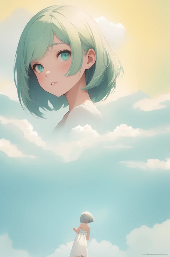 Absurd, Highest quality, Beautiful girl, Bob cut blended into the clouds, (Hold Cloud), Pale green and pale yellow style, Pale colors, Bright colors, Fantasy watercolor style, Soft Blending, A dreamy, romantic wash, Refreshing texture