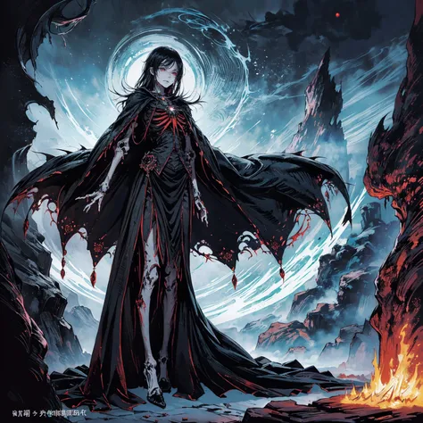 Black Hair动漫人物, Detailed cover design, Anime epic artwork, detailed key anime art, Be focused, dark fantasy artwork, Anime Fantasy Artwork, Official artwork with high detail, Dark Witch Panorama, Lich Vecna (d&d), (full body shot:1.5), (Wide-angle lens:1.2...