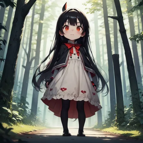 young girl,,wearing a one-piece dress,mini character,red eyes,black hair,long hair,dark atmosphere