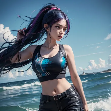 swpunk, (masterpiece, best illustration, extreme light and shadow), swpunk, synthwave,1girl, wild hair colors, winning half body portrait of a woman in a croptop and cargo pants with ombre navy blue teal hairstyle with head in motion and hair flying, paint...