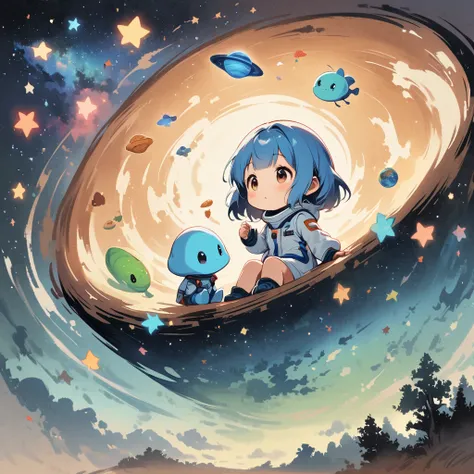 Young girl sitting in a spacesuit floating in space,blue hair, Surrounded by the Milky Way, universe , Cutely.  Eat snacks, meet aliens