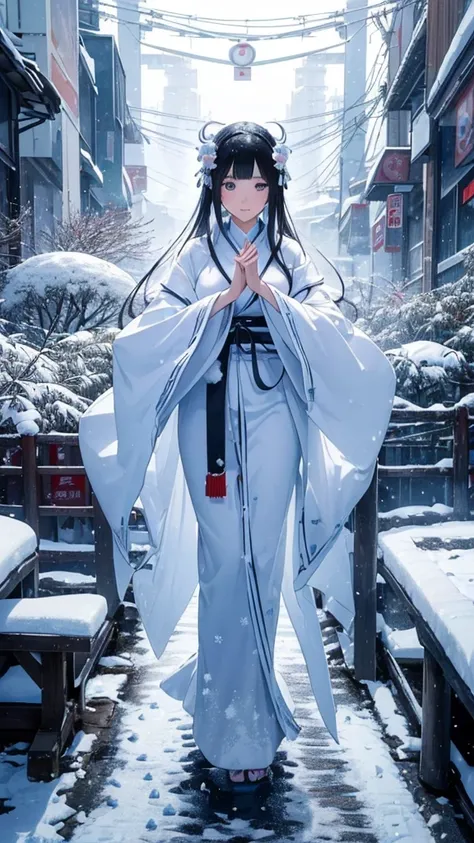 Top view　((A giant Yuki-onna stands on the road))　((A girl breathing white breath))　　　((Snow-covered city))　((giant girl))　kimonoの女の巨人　kimono　Black Hair　Long Hair　Miniature cities　Model City　heavy snow　　Snowfall　((It&#39;s snowing with a strong wind)) 　((S...