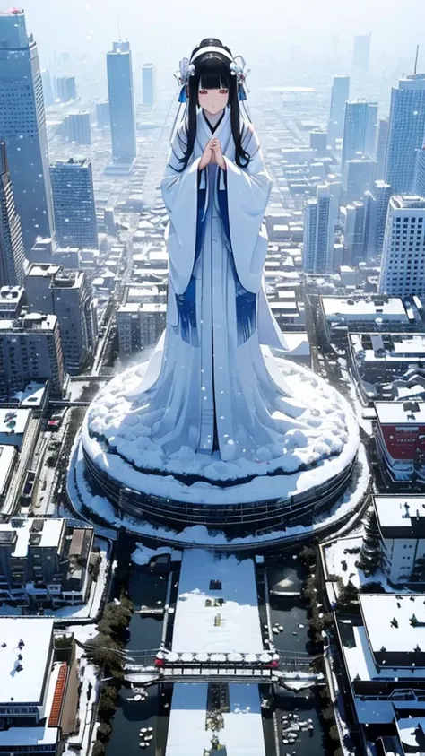 Top view　((A giant Yuki-onna stands on the road))　((A girl breathing white breath))　　　((Snow-covered city))　((giant girl))　kimonoの女の巨人　kimono　Black Hair　Long Hair　Miniature cities　Model City　heavy snow　　Snowfall　((It&#39;s snowing with a strong wind)) 　((S...