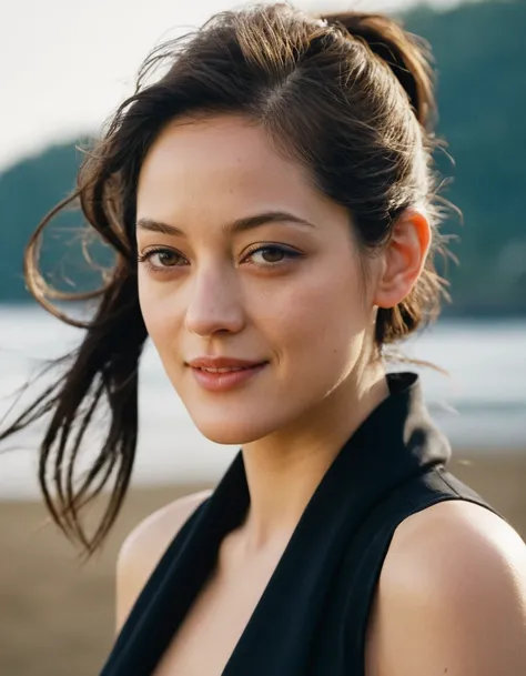 Upper body of a beautiful cute long face Japanese girl, happy smiling, still from the film, ((young Marion Cotillard face : 1.0)), ((young Anne Hathaway face: 0.9)), side shot, portrait photo of a cute 25 y.o woman, looks at viewer, full lips, natural skin...