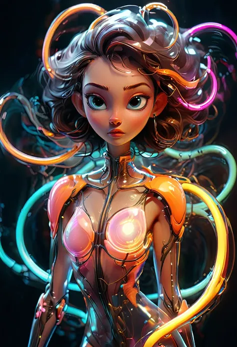 Digital illustration of a transparent humanoid structure, whimsical expression, neon lights flowing through her vains, spiral design in place of breaast,