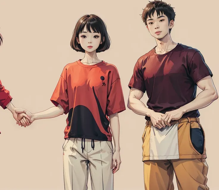 young korean woman with short hair in red t-shirt and pants standing next to asian man in red t-shirt, holding hands and smiling...