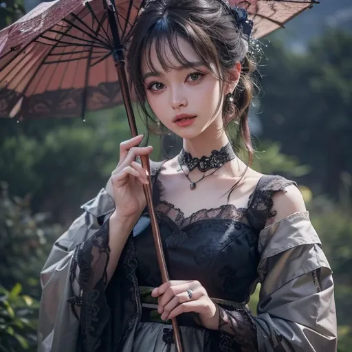 A woman holding a parasol stands on top of a hill、Gothic Dress、青空と雲1 girl, Highest quality, masterpiece, Ultra-high resolution, (Realistic:1.4), RAW Photos, 1 girl, Cinema Lighting,((Highest quality、masterpiece、8k、Best image quality、Ultra-high resolution、A...