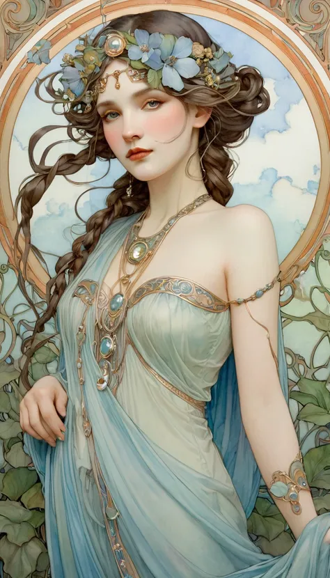 An ultrafine detailed watercolor painting of a gorgeous woman with flowers in her hair, in the style of Alphonse Maria Mucha and Gustav Kilmt, art nouveau accents, fairy princess, anthropomorphic female, female figure, detailed cover artwork, as the goddes...