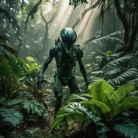 Real 8k dslr photo, full body of Alien takeover with the original unchanged movie design, very detailed, very scary. Hunting in the jungle.