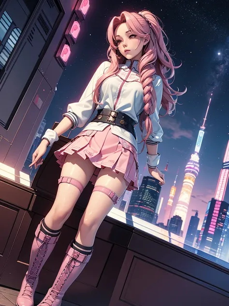 High resolution, Highest quality, masterpiece, Very high quality, Very detailed, Surreal, 3d, anime, An illustration, Fantasy, Hard Rock Girl, So beautiful and cute, Pink wavy hair, Side braid, mini skirt, Knee-high socks, Engineer boot, background cyberpu...