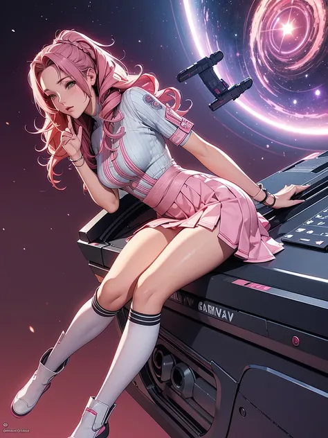 High resolution, Highest quality, masterpiece, Very high quality, Very detailed, Surreal, 3d, anime, An illustration, Fantasy, Hard Rock Girl, So beautiful and cute, Pink wavy hair, Side braid, mini skirt, Knee-high socks, Engineer boot, background cyberpu...