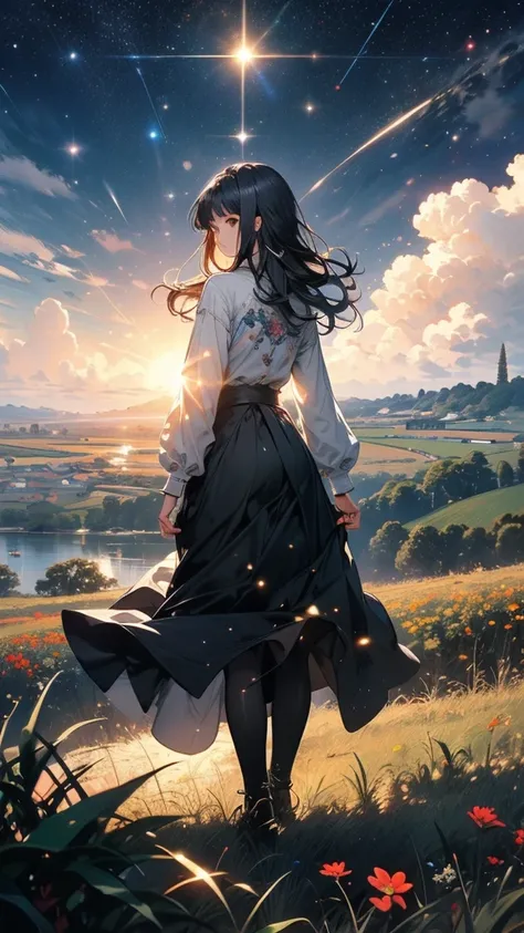 (((masterpiece))),(((Highest quality))),((Very detailed)),Rear view, Looking at the Sun, 空にはuniverse船がある, three suns, Black Hair Girl, 12-year-old girl, Standing in the grassland, landscape, universe, 8k, Super Detail,(Stand 20 meters away),