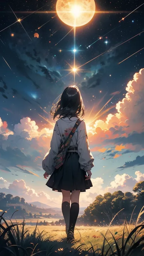 (((masterpiece))),(((Highest quality))),((Very detailed)),Rear view, Looking at the Sun, 空にはuniverse船がある, three suns, Black Hair Girl, 12-year-old girl, Standing in the grassland, landscape, universe, 8k, Super Detail,(Stand 20 meters away),