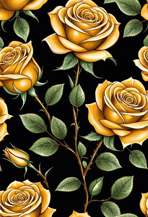 Golden roses on black background, sharp edges, ​masterpiece, drawn with pencil, Vector image