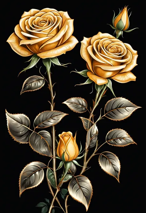 Golden roses on black background, sharp edges, ​masterpiece, drawn with pencil, Vector image