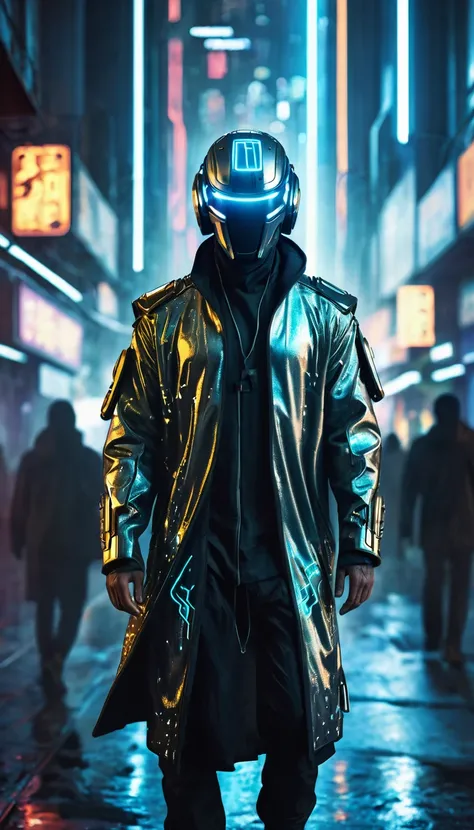 (best quality:1.3), (best performance:1.2), (best illustration:1.2), (Comic style:1.2), (artistic cinematic lighting:1.2) (1man) wearing futuristic electronic robes Cyberpunk technological, his body is covered by metallic parts, in a cinematic horror movie...