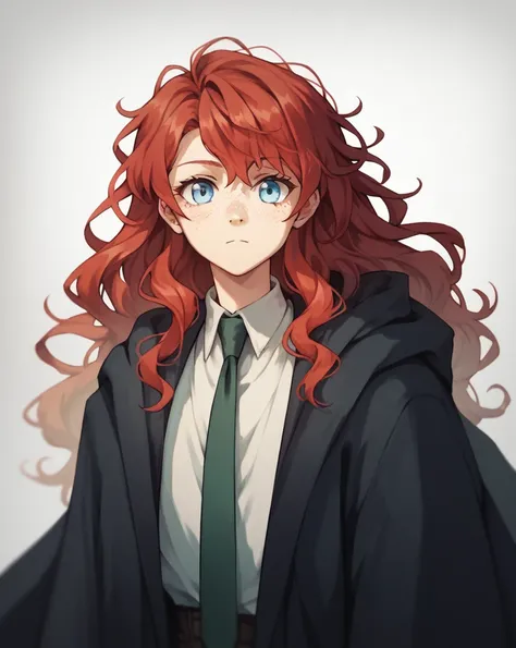 score_9, score_8_up, score_7_up,
1girl, solo, red hair, light blue eyes, black pantyhose, upper body, closeup, big chest, cloak, slytherin, long hair, wavy hair, green and silver tie, freckles