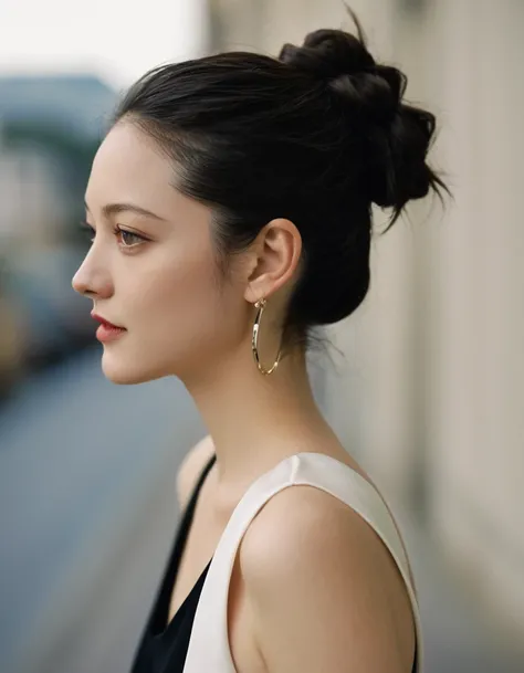 xxmixgirl, Upper body of a beautiful cute long face Japanese girl, happy smiling, still from the film, ((young Marion Cotillard face : 1.2)), ((young Anne Hathaway face: 1.0)), side shot, portrait photo of a cute 25 y.o woman, looks at viewer, full lips, n...