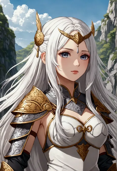 Long white hair , grey eyes, fair skin,warrior princess attire, detailed hair, detailed eyes,detailed body,long shot, best quality, high resolution, 8k