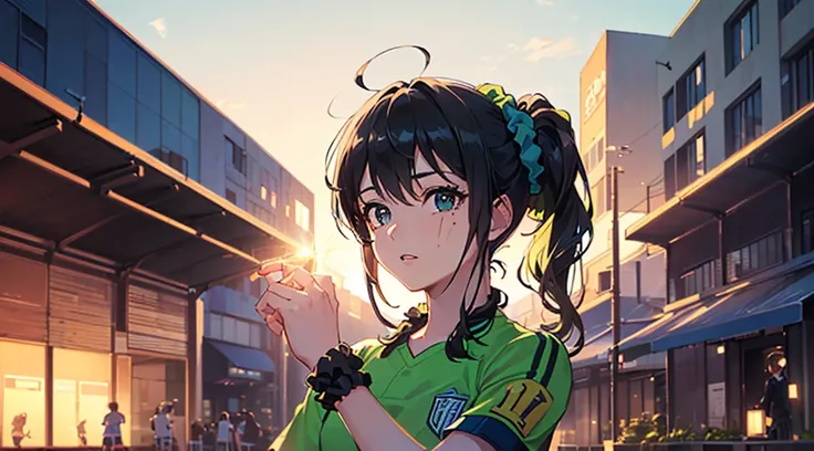 (((Highest quality))),(((masterpiece))),(((A 17-year-old girl with a ponytail wearing a bright light green soccer uniform))),School grounds,sunset,(((Black Hair:1.3))),Staring at the audience,独奏,(((black eye:1.3))),(((Bright blue scrunchie:1.3)))