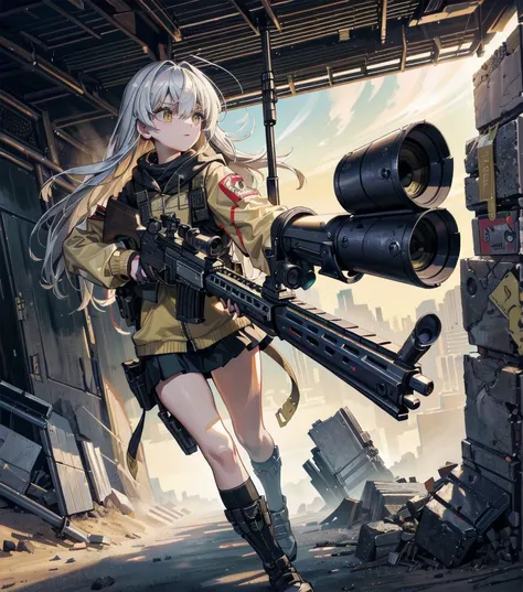 {{masterpiece, Best Quality, Extremely detailed CG, unity wallpaper 8k, cinematic lighting, Lens flare}}, a girl shooting a rifle, wide view, Whole body, thick body, (holding gun, holding the rifle,aiming,aim:1.4), pistol, h&a hk416, rifle, open fire, shoo...