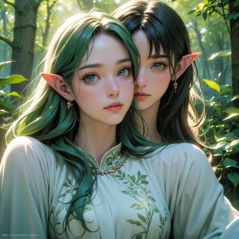 a beautiful young girl elf druid, delicate facial features, long pointed ears, flowing green hair, wearing intricate nature-inspired robes, standing in a lush green forest, sunlight filtering through the trees, magical glowing mushrooms and flora surroundi...