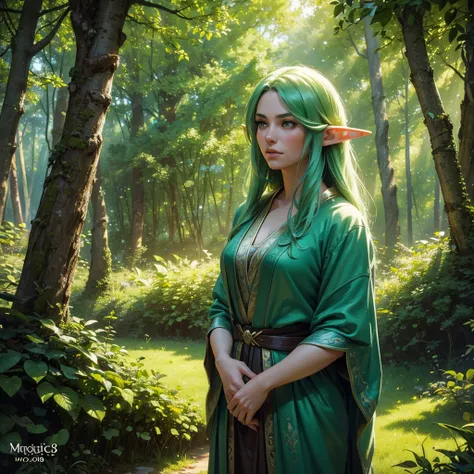 a beautiful young girl elf druid, delicate facial features, long pointed ears, flowing green hair, wearing intricate nature-inspired robes, standing in a lush green forest, sunlight filtering through the trees, magical glowing mushrooms and flora surroundi...