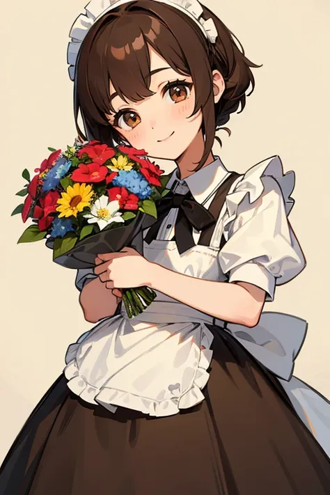 ((Highest quality)), ((masterpiece)), (detailed), One girl, Maid clothes、Brown Hair、Brown eyes、smile、holding a bouquet、detailedなイラスト、Highest quality